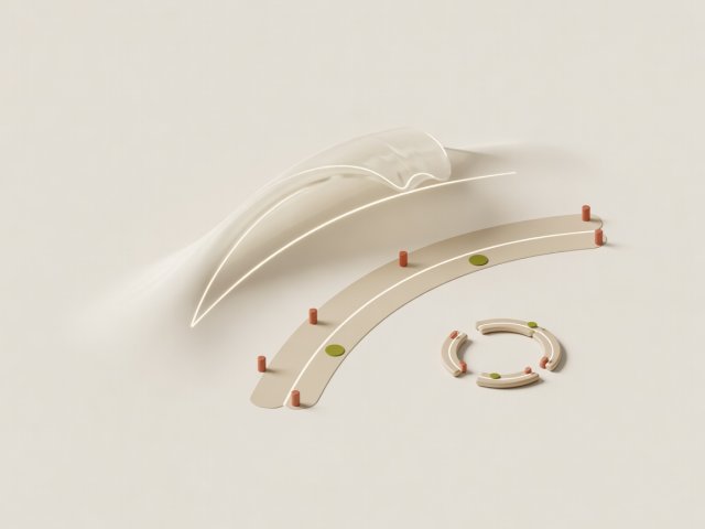 Soft-lit 3D illustrative diagram showing a breaking wave peak, rider trajectory line, and wide channel return path with terracotta and olive markers on a cream surface