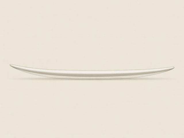 Soft-lit 3D illustrative study of a wide round-nose surfboard profile showing thickness distribution and relaxed entry rocker on a cream background