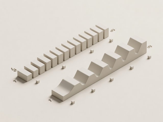 Soft-lit 3D illustrative blocks showing short-period versus long-period wave intervals and directional compass markers on a cream surface